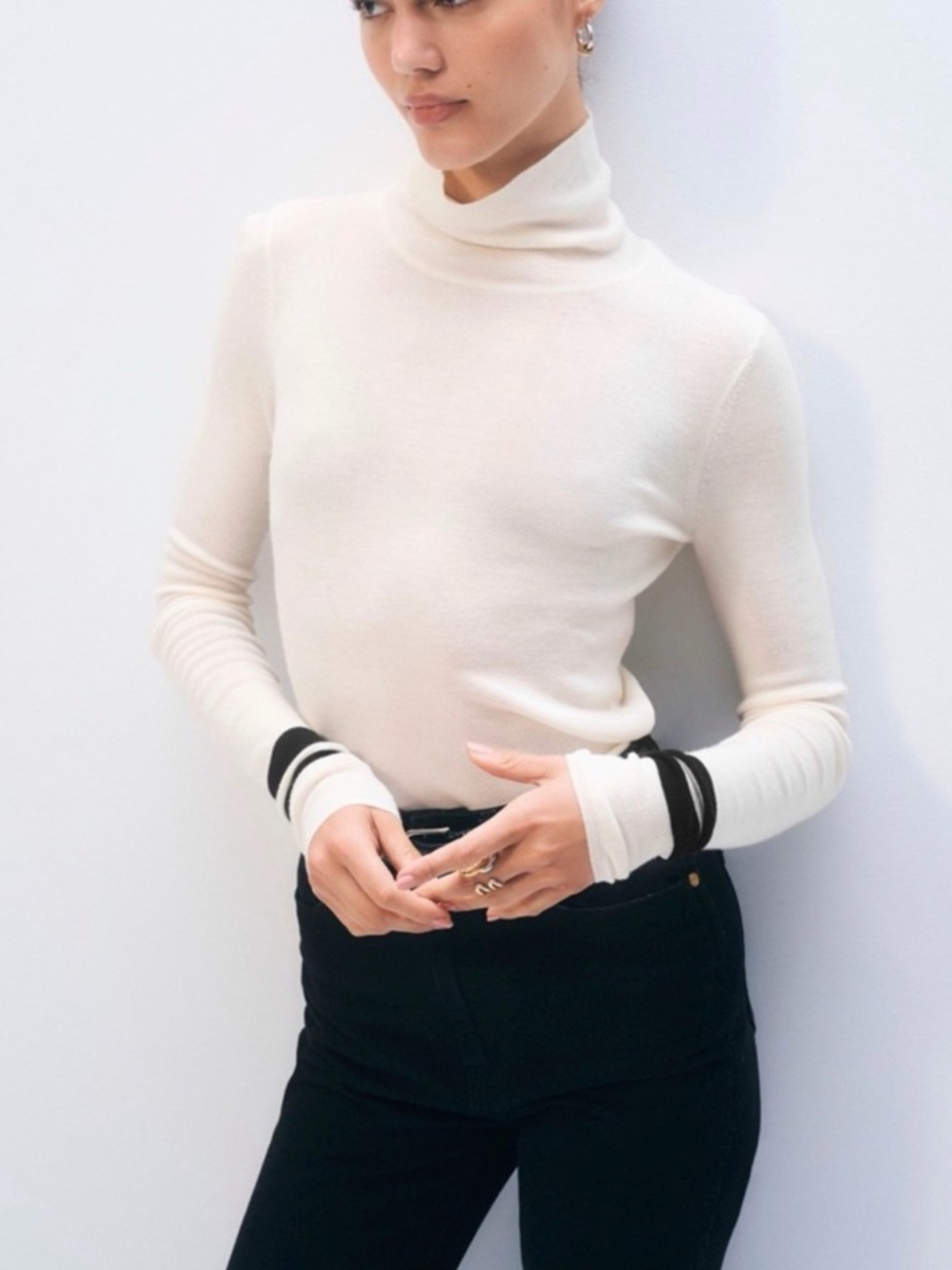 White‎ & Warren Superfine Merino Wool Striped Fitted Turtleneck M Cream Black